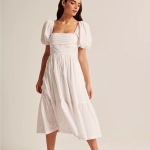 Abercrombie & Fitch Ruched Puff Sleeve Poplin Midi Dress